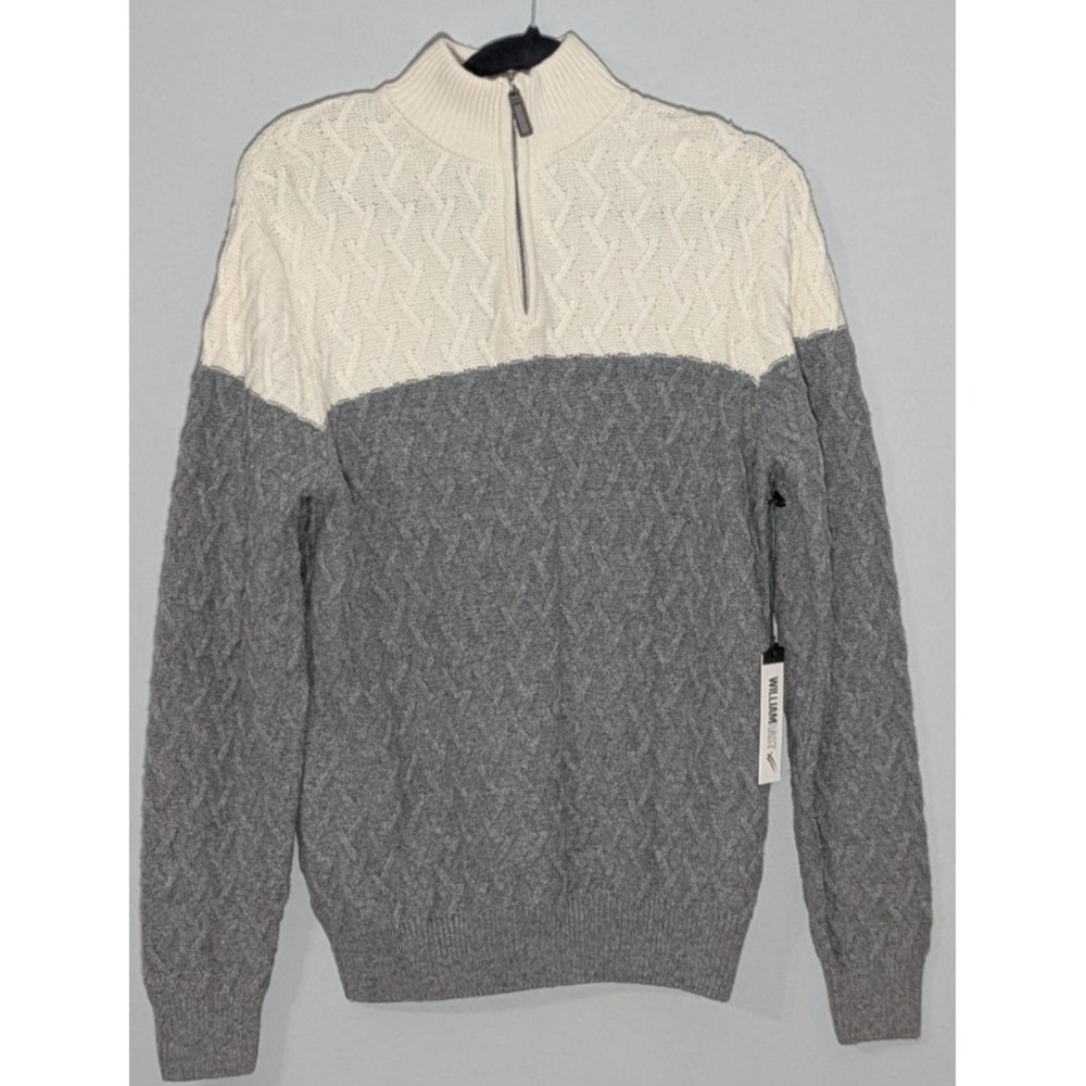 NWT WILLIAM RAST Gray/White Mock Neck 1/4 Zip Sweater Cotton/Wool Blend Med